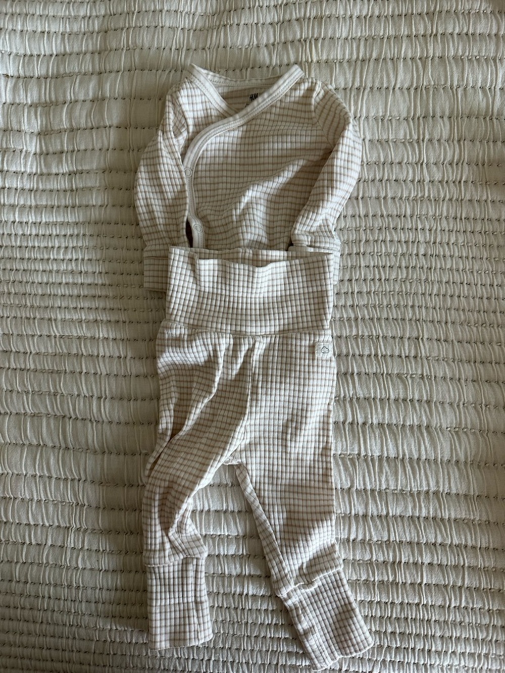 H&M Cream Baby Ribbed Grid Jumpsuit with Light Brown Stripes